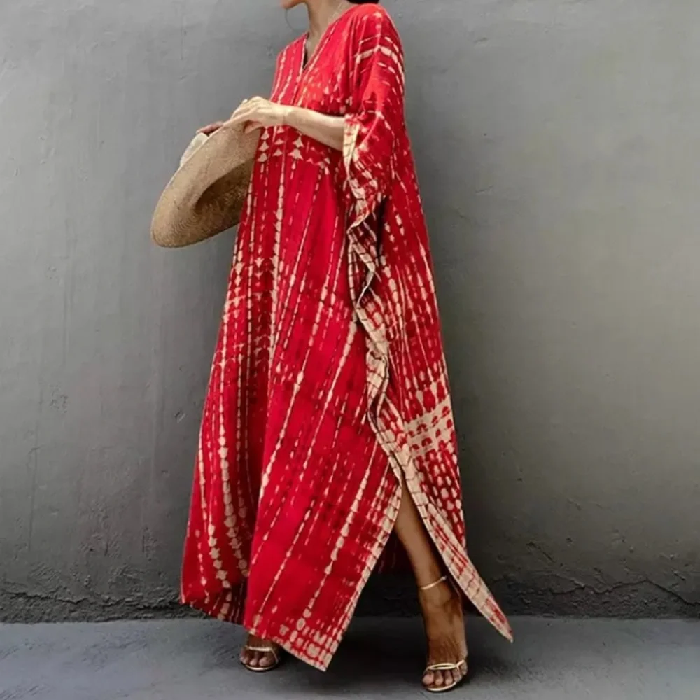 New Red Bohemian Tie Dye Kaftan Kimono Dress - Picture 3 of 5